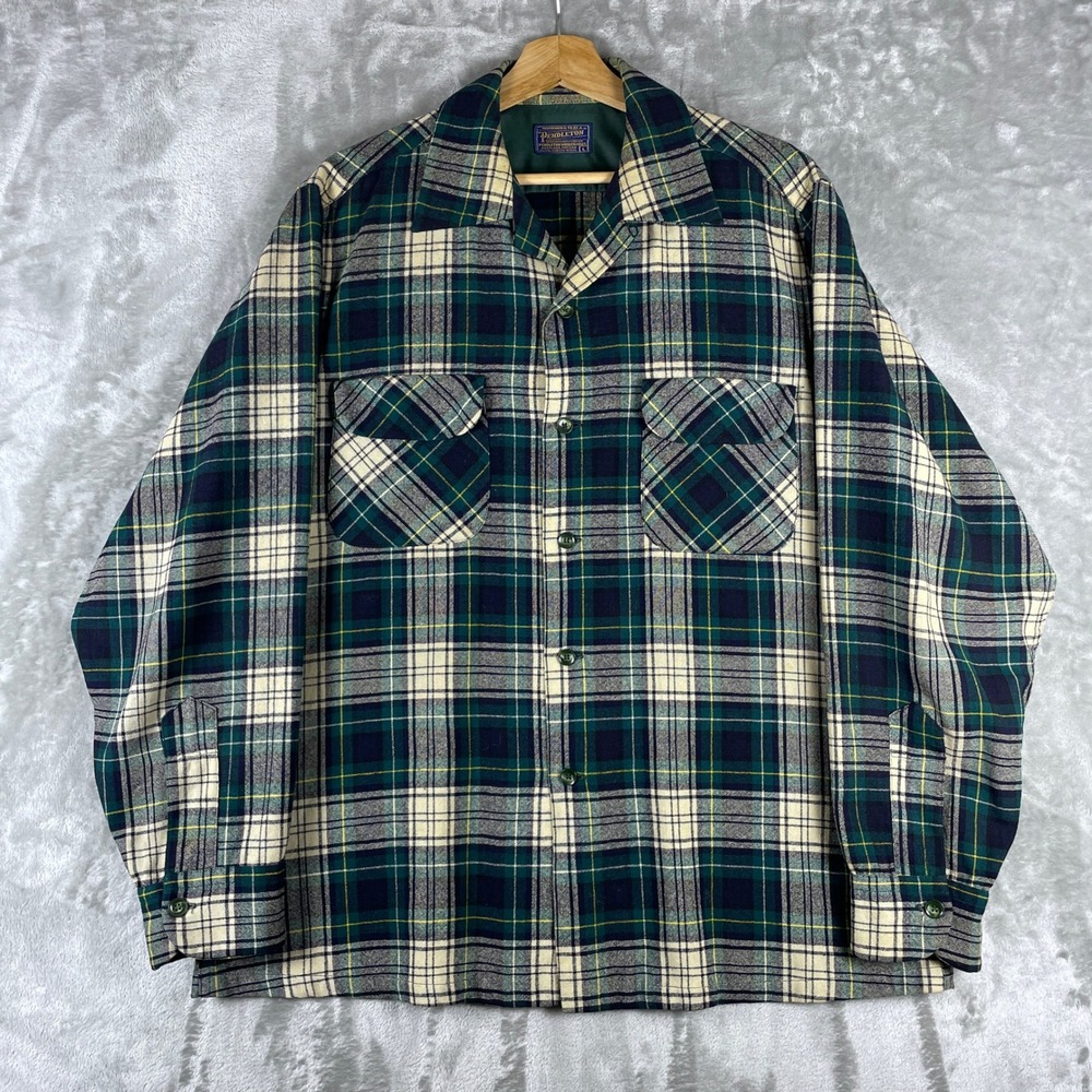 Vintage 1960s Pendleton Board Shirt Mens Large Plaid Wool Camp Loop Collar 60s